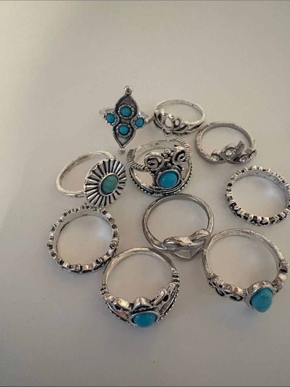 Set of 10 stainless steal rings with simulated turquoise